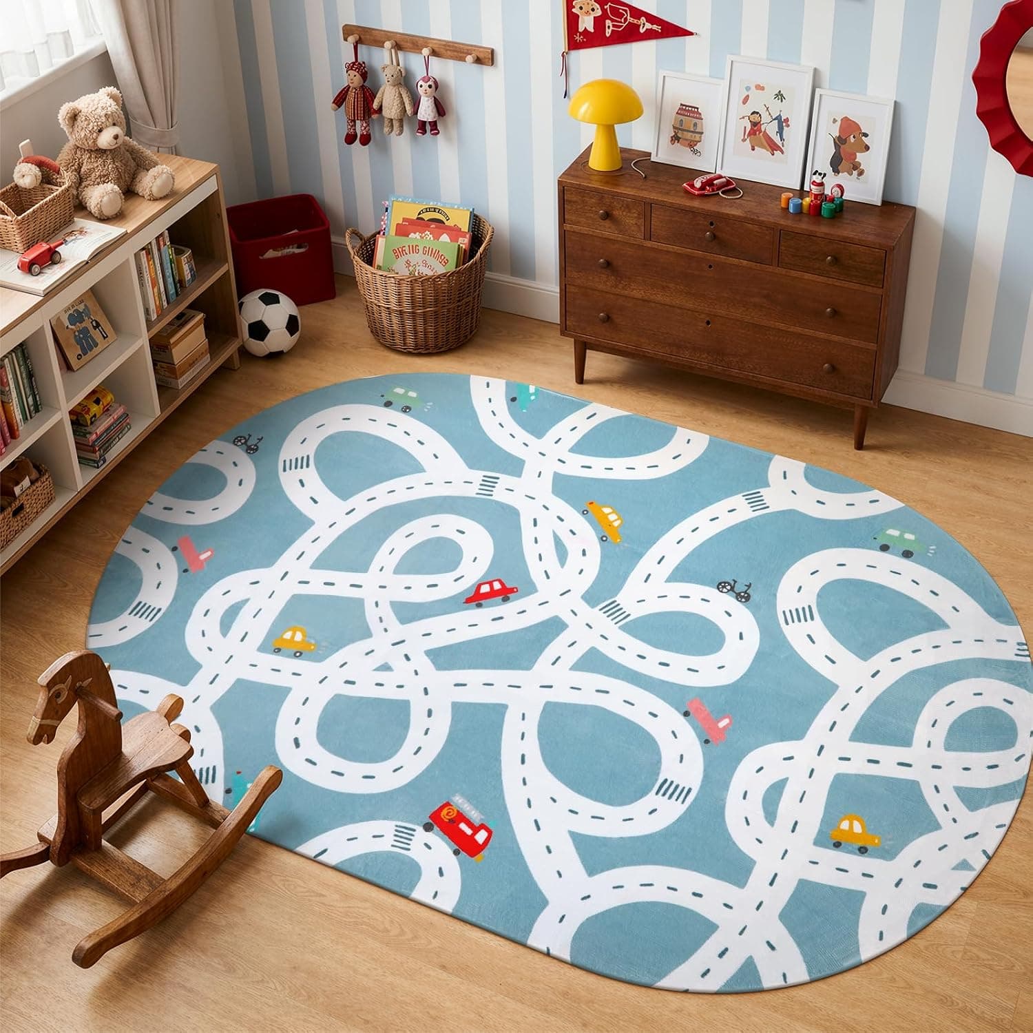 STARUIA Large Kids Playroom Rug, 4'x6' Washable Road Rug for Nursery, Non-Slip Blue Car Rugs Play Mat Soft