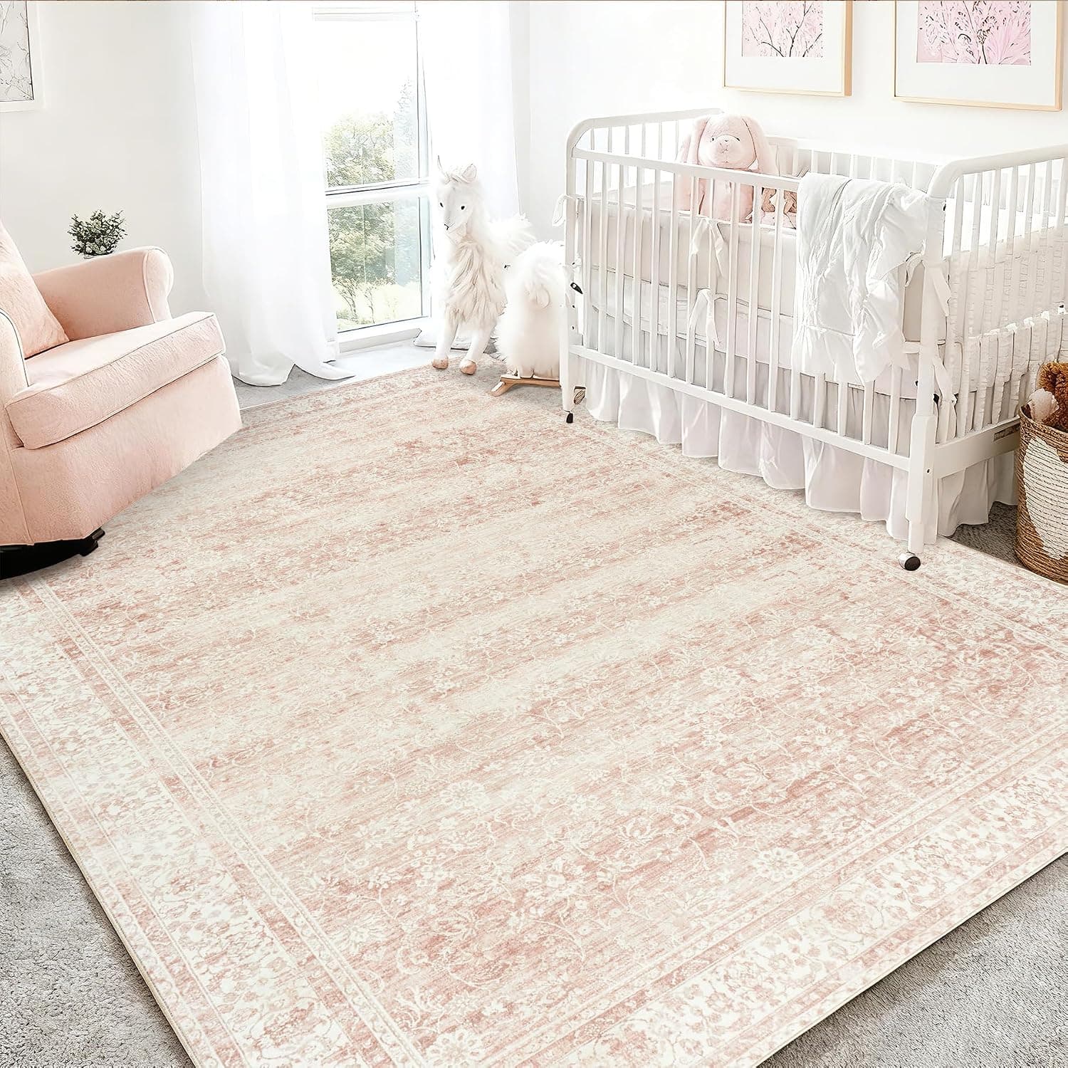 Pink Nursery Rug for Baby Girl 5 x 7 Neutral Blush Pink Boho Floral Foldable Machine Washable Low Pile Soft