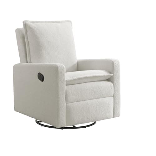 Oxford Baby Uptown Upholstered Glider Recliner Rocking Chair 360° Swivel for Nursery and Living Room - Boucle White, Green Guard Gold Certified