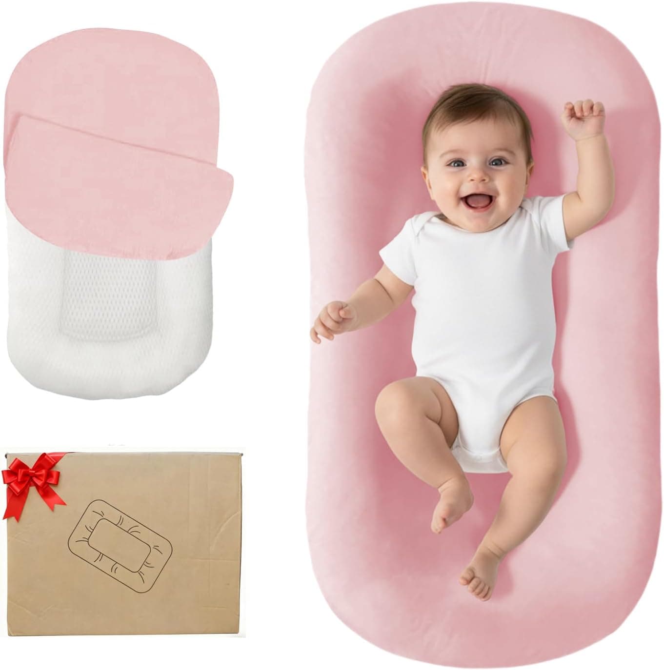 Lucakuins Baby Lounger, Bionic Design for Newborn 0-24 Months, Soft Organic Cotton Breathable, Pink