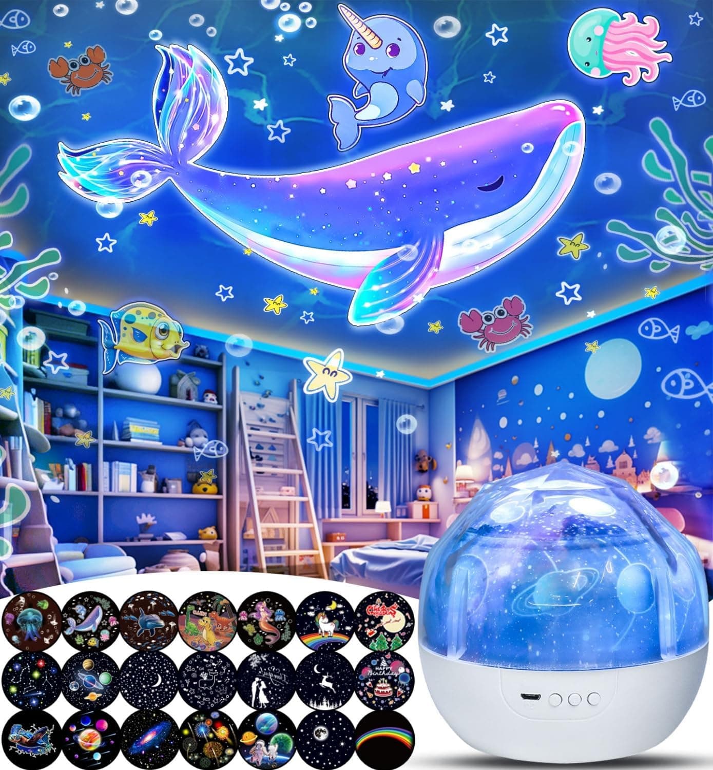 21 Sets of Films Night Light Projector for Kids Bedroom, Star Projector 360 Rotating Nursery Decor
