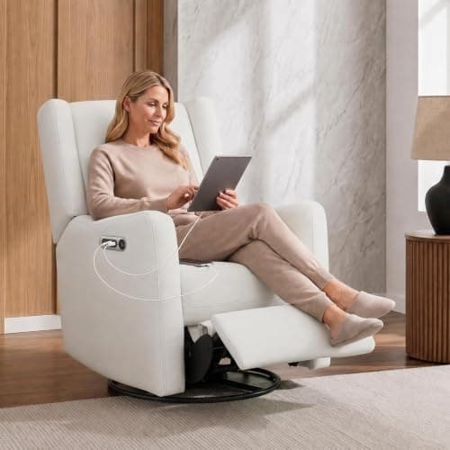 Delta Children Mercer Electronic Power Recliner and Swivel Glider with USB Port in LiveSmart Performance Fabric - Water Repellent & Stain Resistant, Pearl