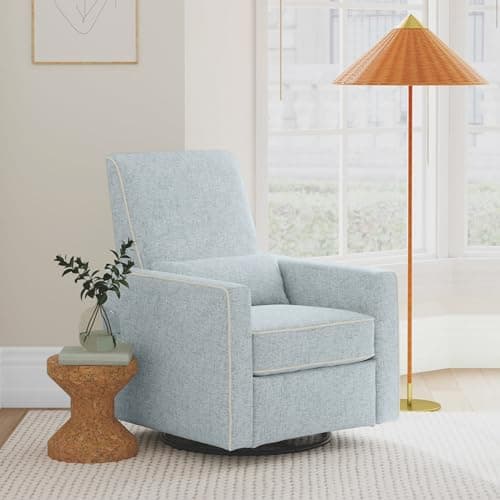 DaVinci Piper Swivel Glider Recliner Chair, Heathered Blue w/Cream Piping | GREENGUARD, CertiPUR-US Certified - Ultra Comfy Upholstered Glider Recliner Nursery Chair, Manual 360° Recline & Swivel Glide