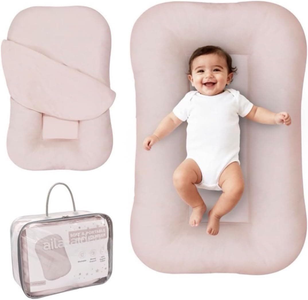 Aila + Aiden Baby Lounger, Organic Cotton Adjustable Portable Floor Lounger, Breathable Cover, Pink