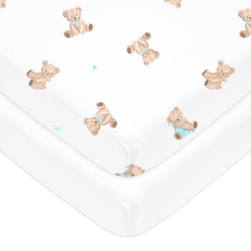 American Baby Company 2 Pack 100% Cotton Fitted Mini Crib Sheets, 38" x 24" | Small Nesting Portable Crib Sheets, Bear and White, Fits Pack N Play Mattress - Soft & Breathable, Neutral for Boy & Girl