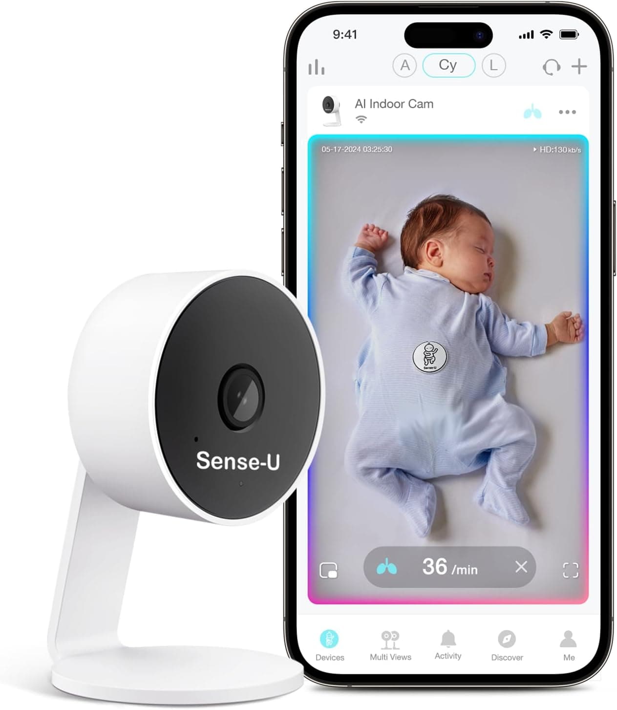 Sense-U AI Baby Camera Monitor with Sensor-Free Sleep Breathing Movement Detection, No Monthly Fee