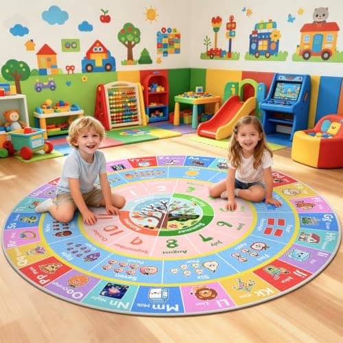 ABC Rug for Kids Play Room Rug, 5ft Alphabet Classroom Rugs, Round | Non-Slip Washable, Small Classroom Rug, Educational Area Rug for Playroom Bedroom to Learn Numbers Shapes Seasons