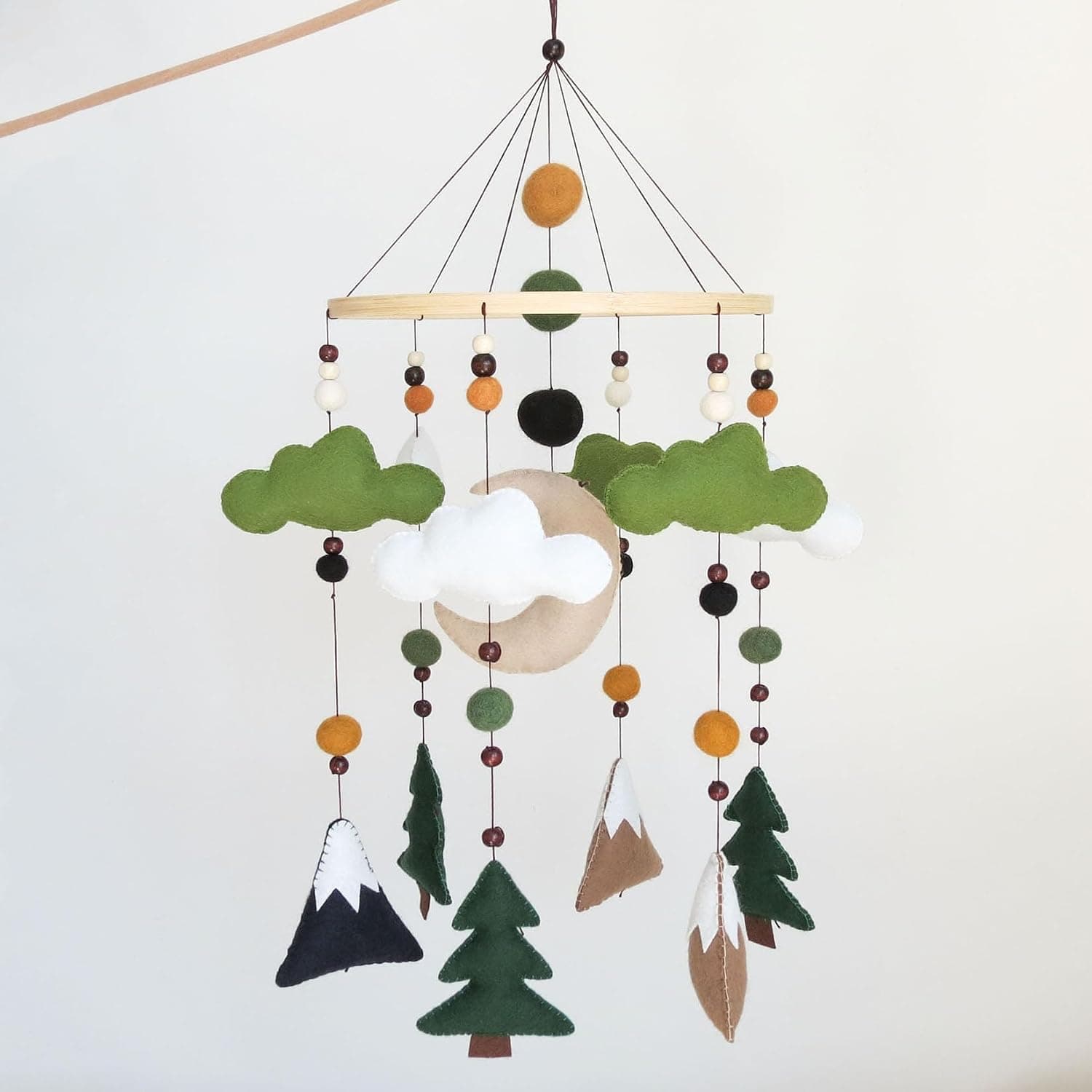 Woodland Baby Mobile for Crib, Felt Forest Nursery Decor, Hanging Mountain & Pine Tree with Moon and Clouds
