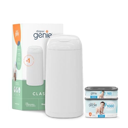 Diaper Genie Classic Diaper Pail Gift Set | Push-N-Lock Odor Control | Includes Starter Refill and Jumbo+ Refill | Holds up to 1,245 Newborn Diapers | Baby Registry Must-Have