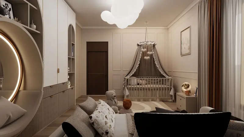 Elegant nursery room with canopy crib and cozy seating area