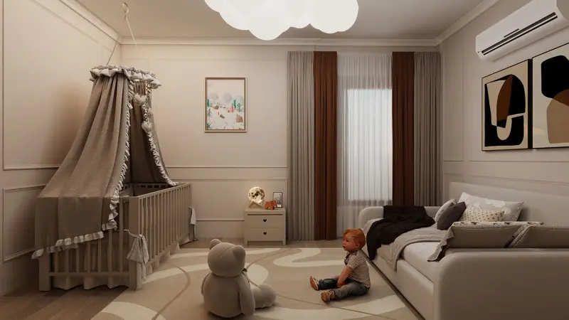 Warm nursery room with crib, toddler, and plush bear in soft light